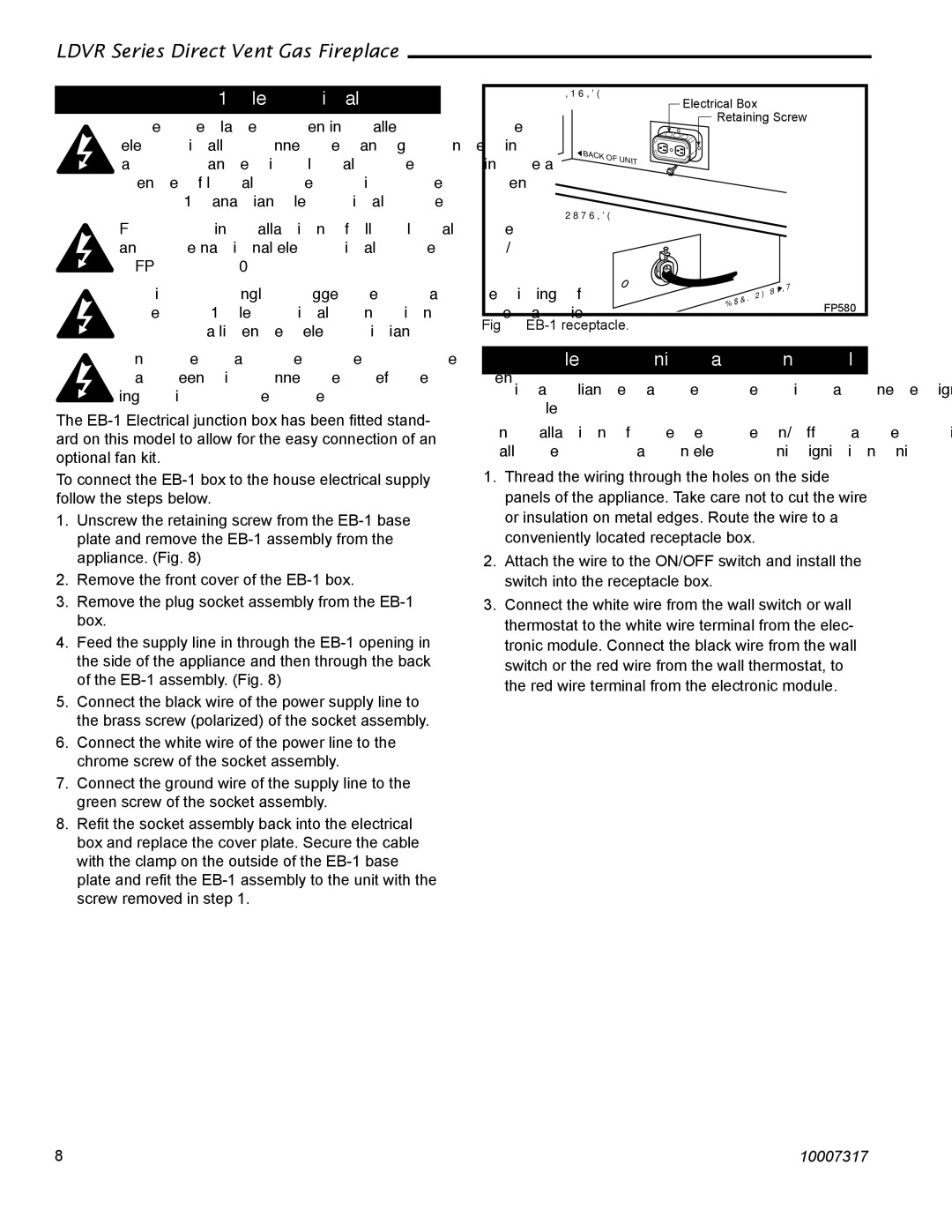 Vermont Casting 43LDVR, 39LDVR, 33LDVR, 36LDVR installation instructions EB-1 Electrical Box, Electronic Gas Control Valve 