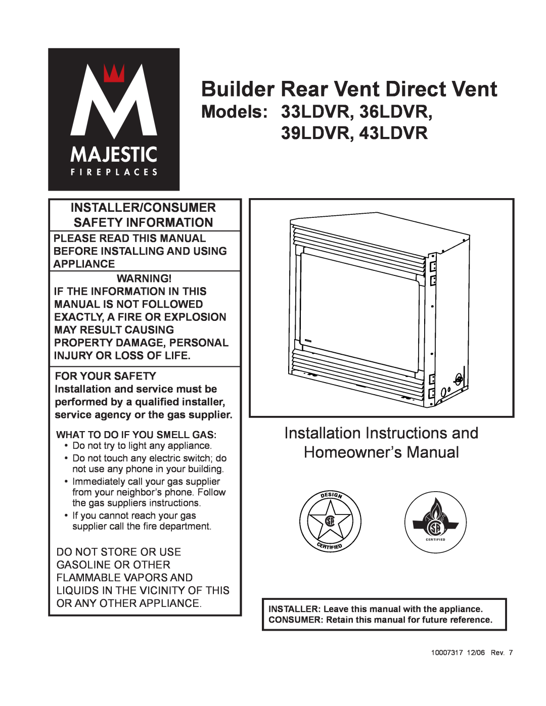 Vermont Casting installation instructions Builder Rear Vent Direct Vent, Models 33LDVR, 36LDVR, 39LDVR, 43LDVR 