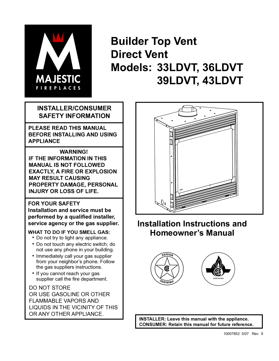 Vermont Casting 36LDVT 39LDVT, 43LDVT manual Builder Top Vent Direct Vent 