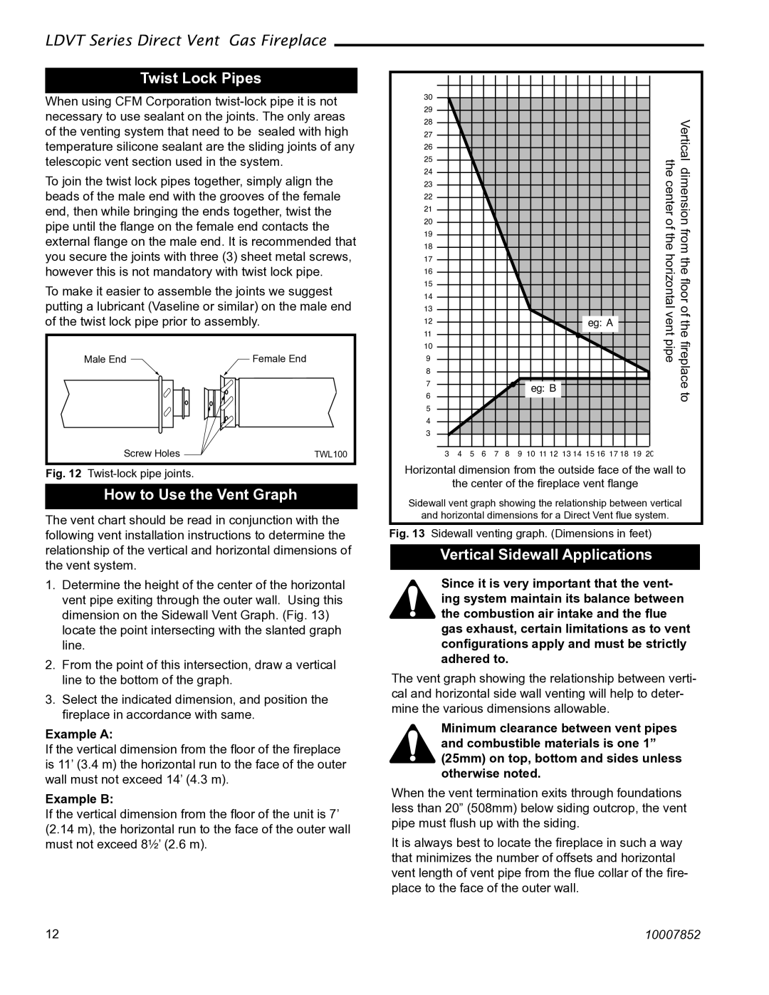 Vermont Casting 43LDVT Twist Lock Pipes, How to Use the Vent Graph, Vertical Sidewall Applications, Example a, Example B 