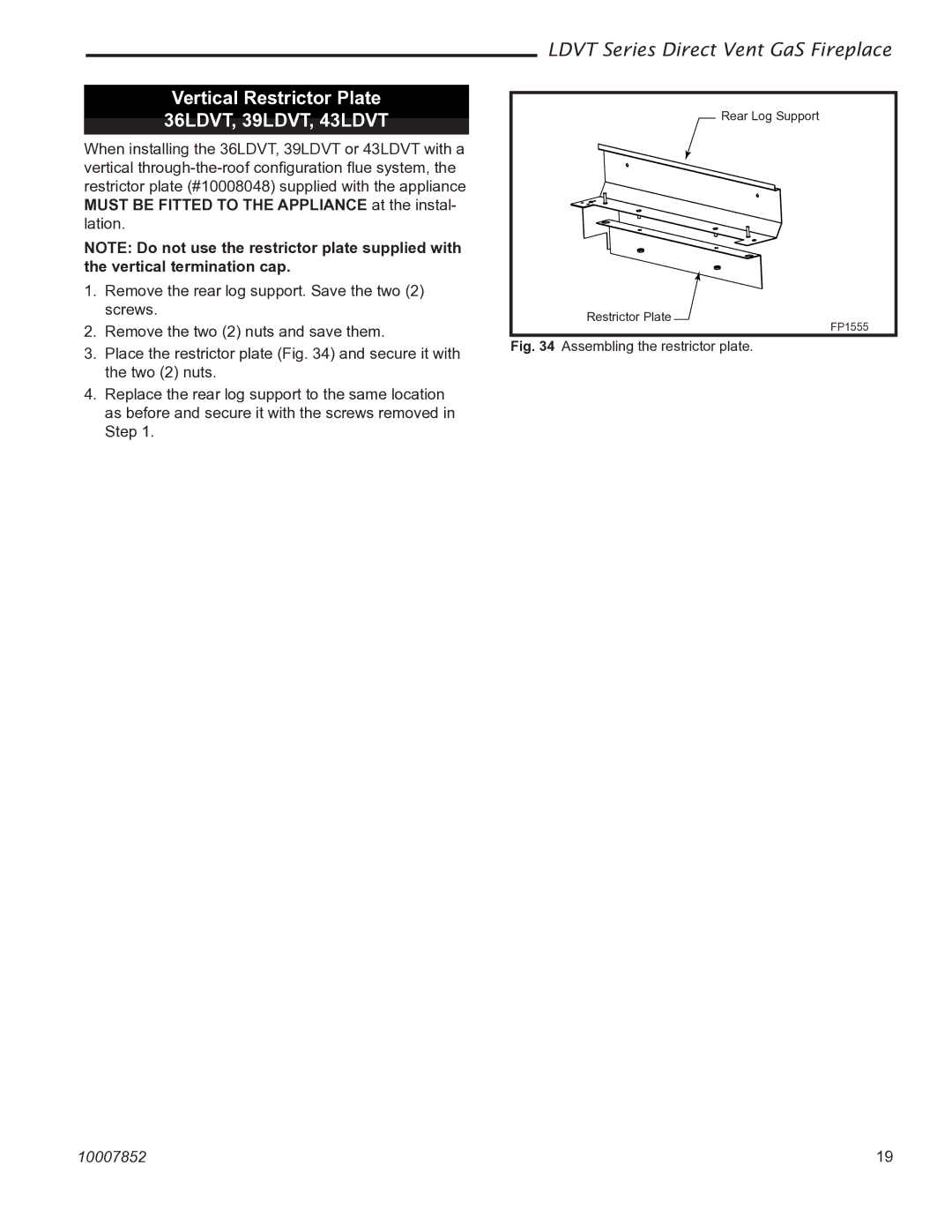 Vermont Casting 36LDVT 39LDVT manual Vertical Restrictor Plate 36LDVT, 39LDVT, 43LDVT 