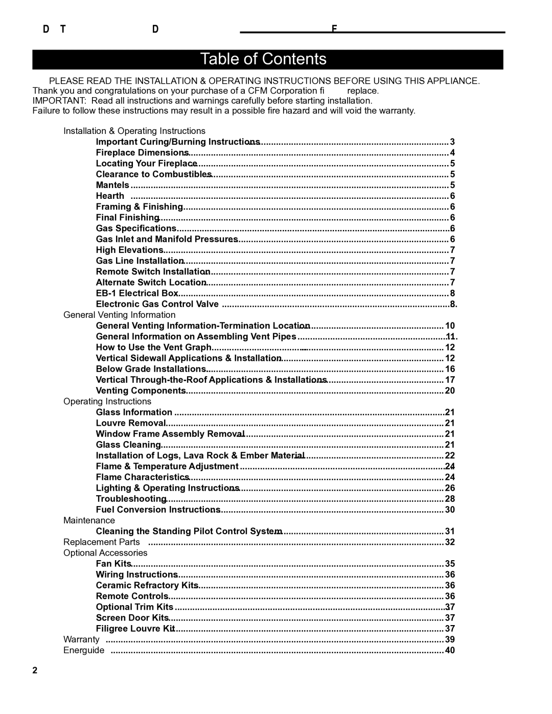 Vermont Casting 43LDVT, 36LDVT 39LDVT manual Table of Contents 