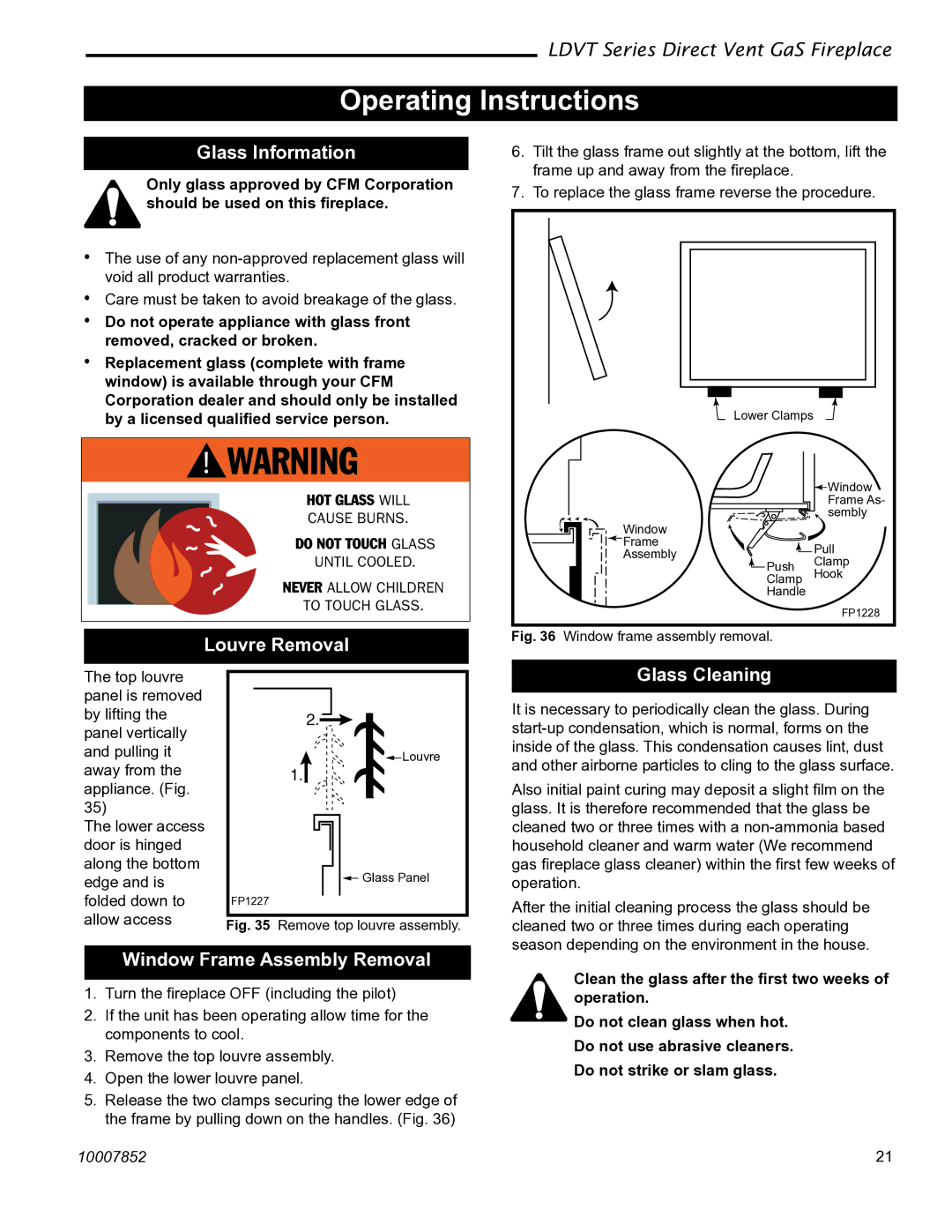 Vermont Casting 43LDVT manual Operating Instructions, Glass Information, Louvre Removal, Window Frame Assembly Removal 