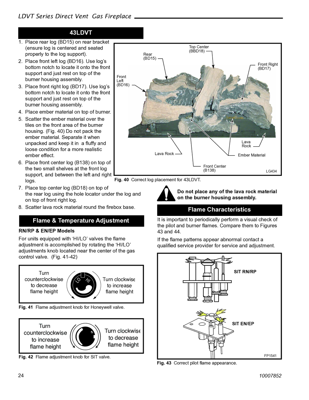 Vermont Casting 43LDVT, 36LDVT 39LDVT manual Flame & Temperature Adjustment, Flame Characteristics, RN/RP & EN/EP Models 
