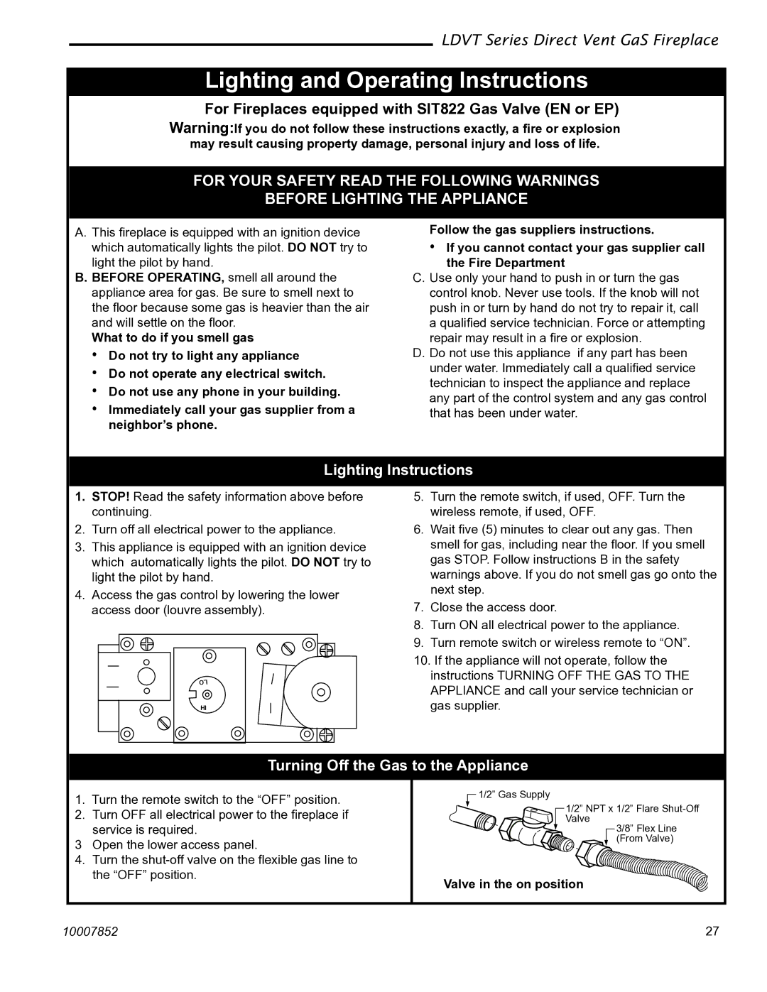 Vermont Casting 43LDVT manual Lighting Instructions, Turning Off the Gas to the Appliance, Valve in the on position 