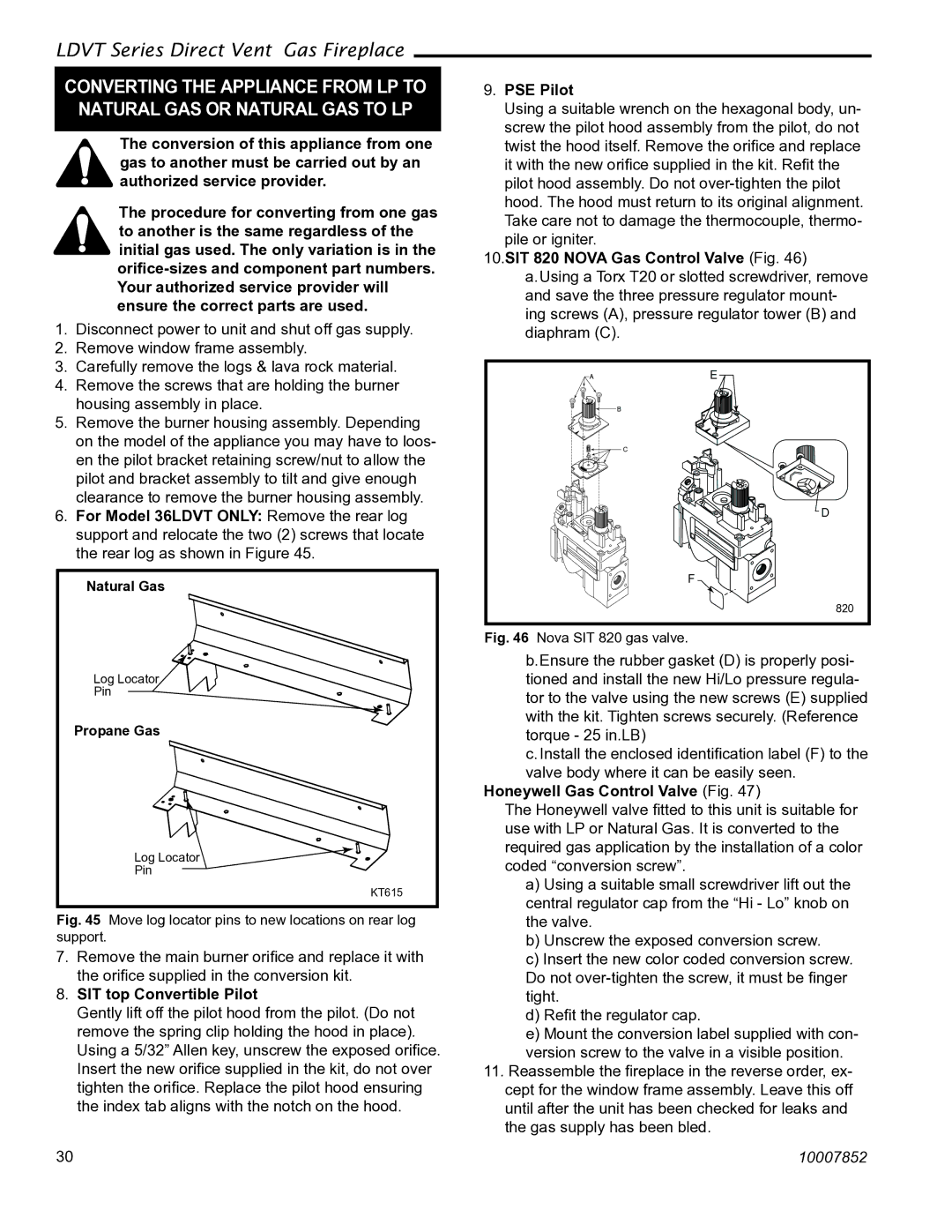 Vermont Casting 43LDVT manual PSE Pilot, SIT 820 Nova Gas Control Valve Fig, For Model 36LDVT only Remove the rear log 