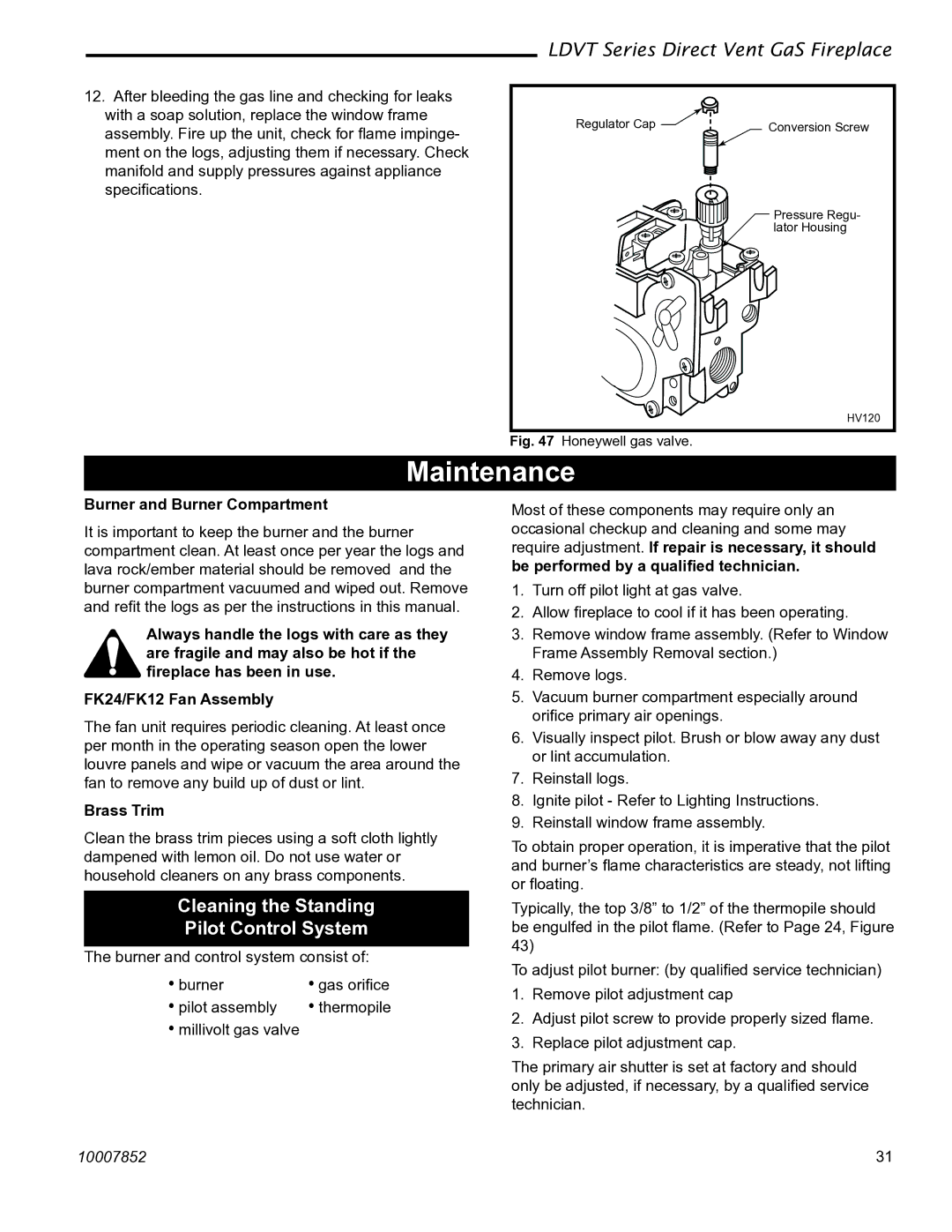 Vermont Casting 36LDVT 39LDVT manual Maintenance, Cleaning the Standing Pilot Control System, Burner and Burner Compartment 