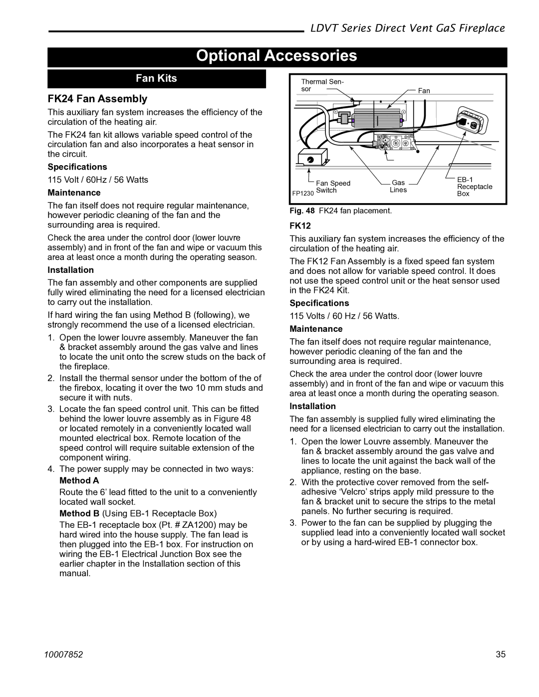 Vermont Casting 43LDVT, 36LDVT 39LDVT manual Optional Accessories, Fan Kits, Speciﬁcations, Method a, FK12 