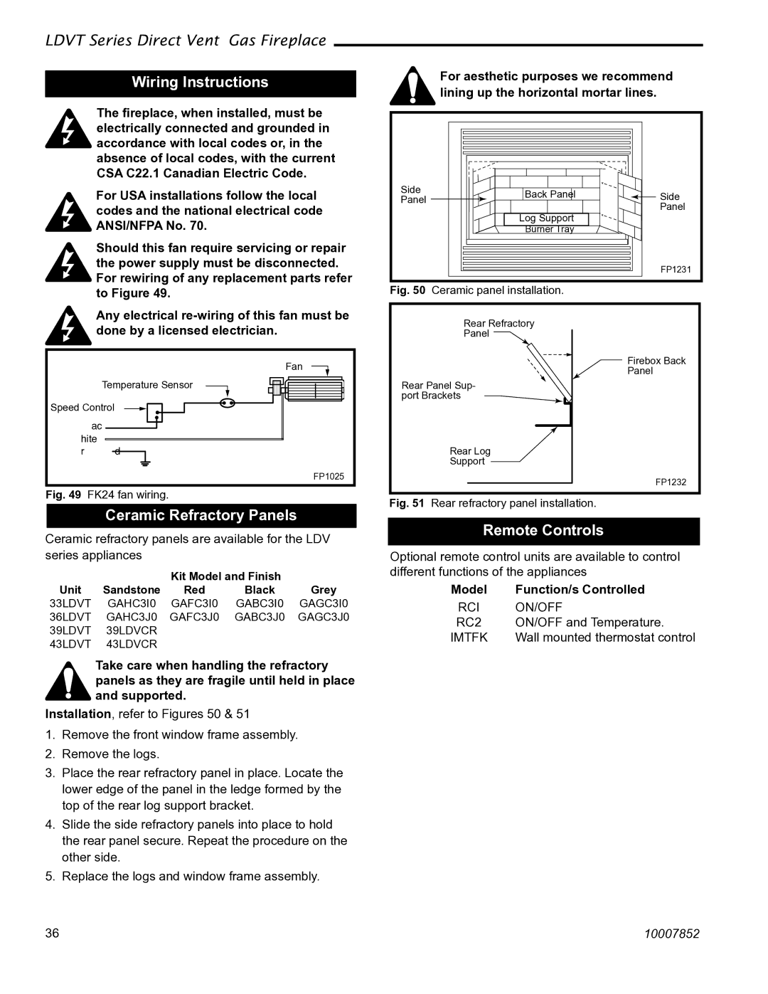 Vermont Casting 43LDVT manual Wiring Instructions, Ceramic Refractory Panels, Remote Controls, Model Function/s Controlled 