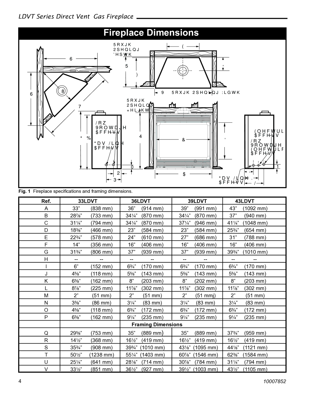 Vermont Casting manual Fireplace Dimensions, 33LDVT 36LDVT 39LDVT 43LDVT, Framing Dimensions 