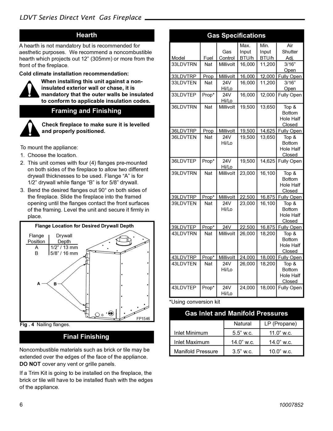 Vermont Casting 43LDVT Hearth, Framing and Finishing, Final Finishing, Gas Speciﬁcations, Gas Inlet and Manifold Pressures 