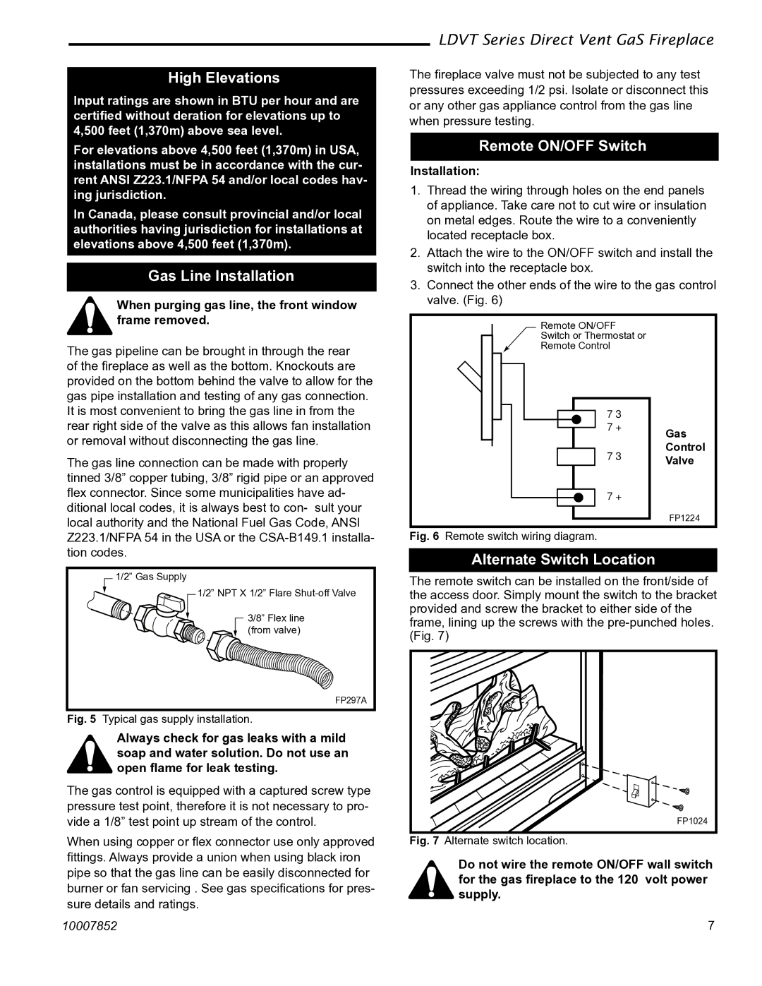 Vermont Casting 36LDVT 39LDVT High Elevations, Gas Line Installation, Remote ON/OFF Switch, Alternate Switch Location 