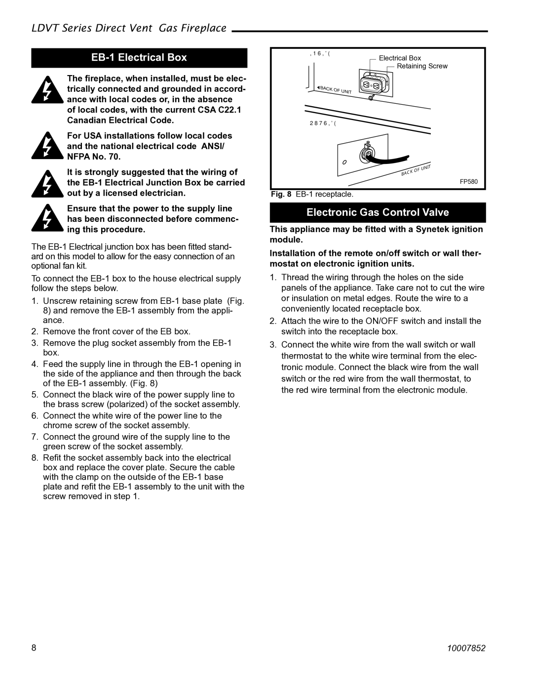 Vermont Casting 43LDVT, 36LDVT 39LDVT manual EB-1 Electrical Box, Electronic Gas Control Valve 