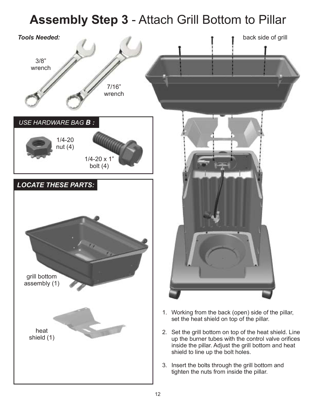 Vermont Casting 6100 Assembly Attach Grill Bottom to Pillar, Grill bottom Assembly Heat Shield Back side of grill 