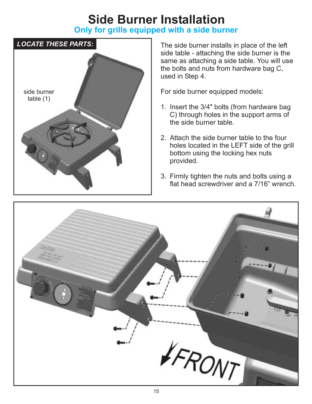 Vermont Casting 6100 owner manual Side Burner Installation, Only for grills equipped with a side burner 