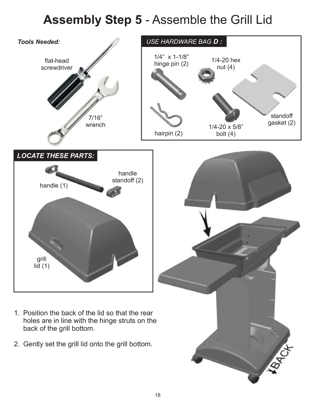 Vermont Casting 6100 owner manual Assembly Assemble the Grill Lid, USE Hardware BAG D 