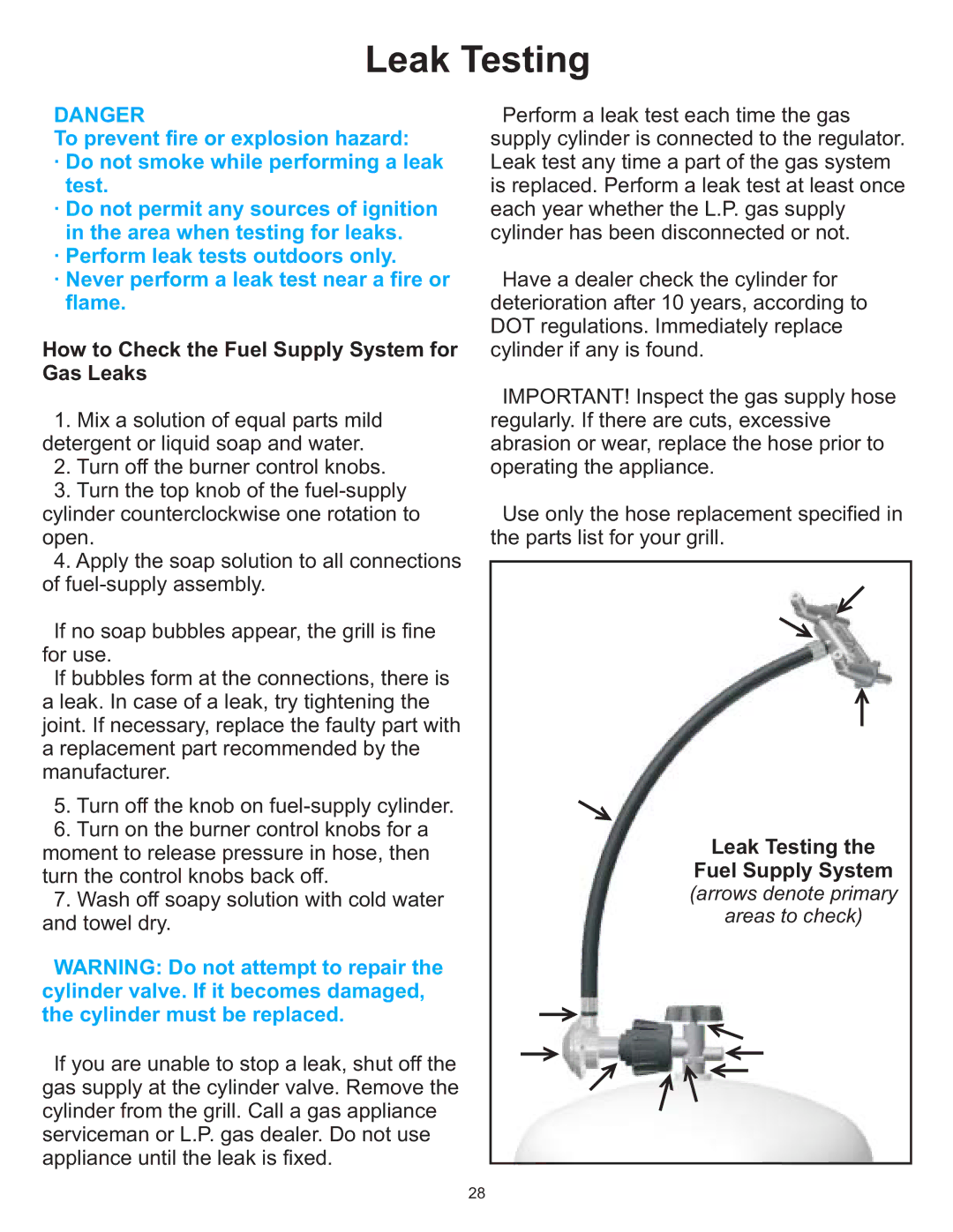 Vermont Casting 6100 owner manual Leak Testing, How to Check the Fuel Supply System for Gas Leaks 