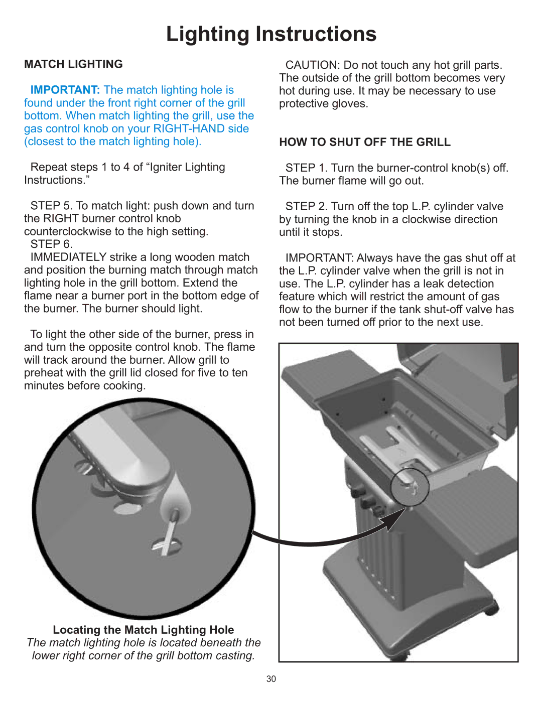 Vermont Casting 6100 owner manual HOW to Shut OFF the Grill, Locating the Match Lighting Hole 