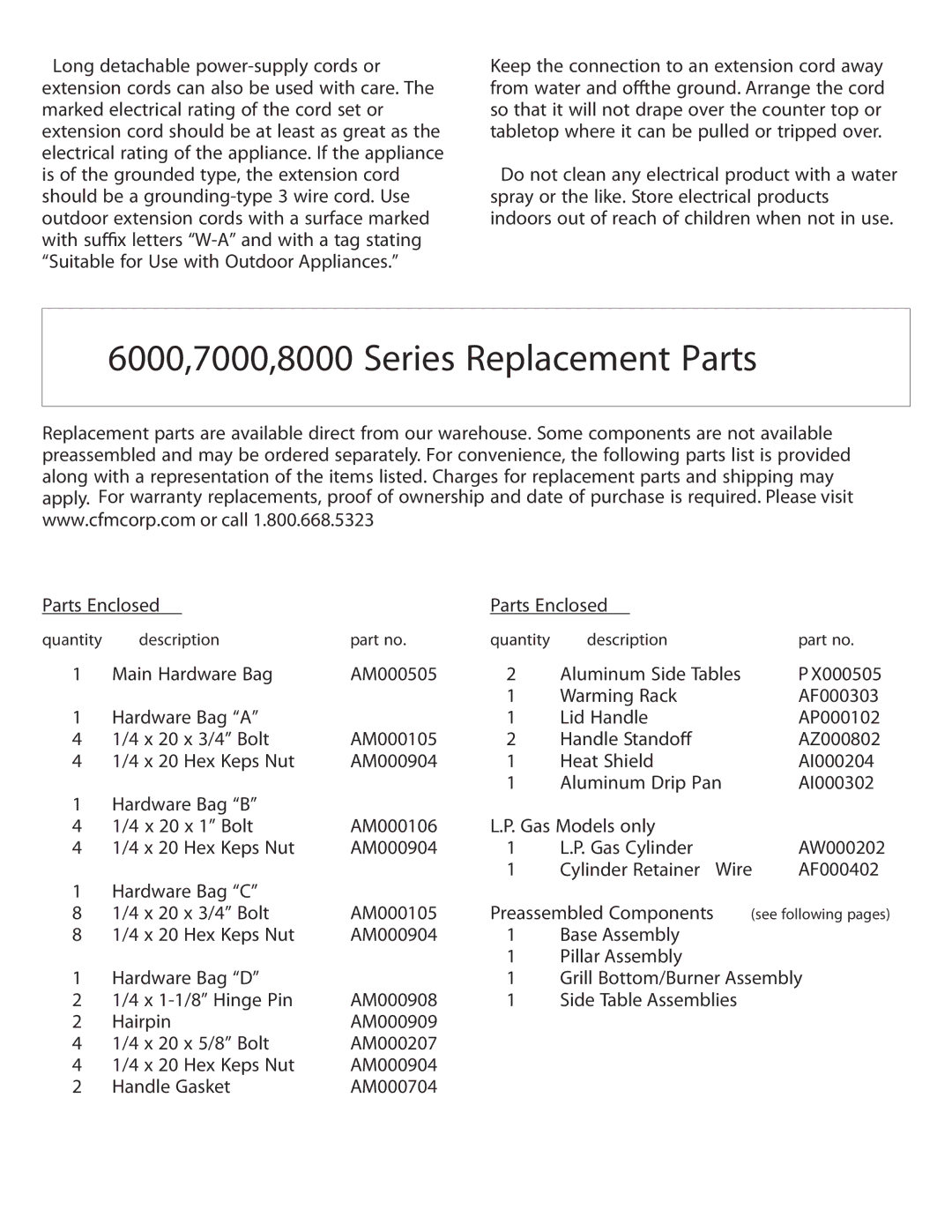 Vermont Casting 6100 owner manual 6000,7000,8000 Series Replacement Parts 