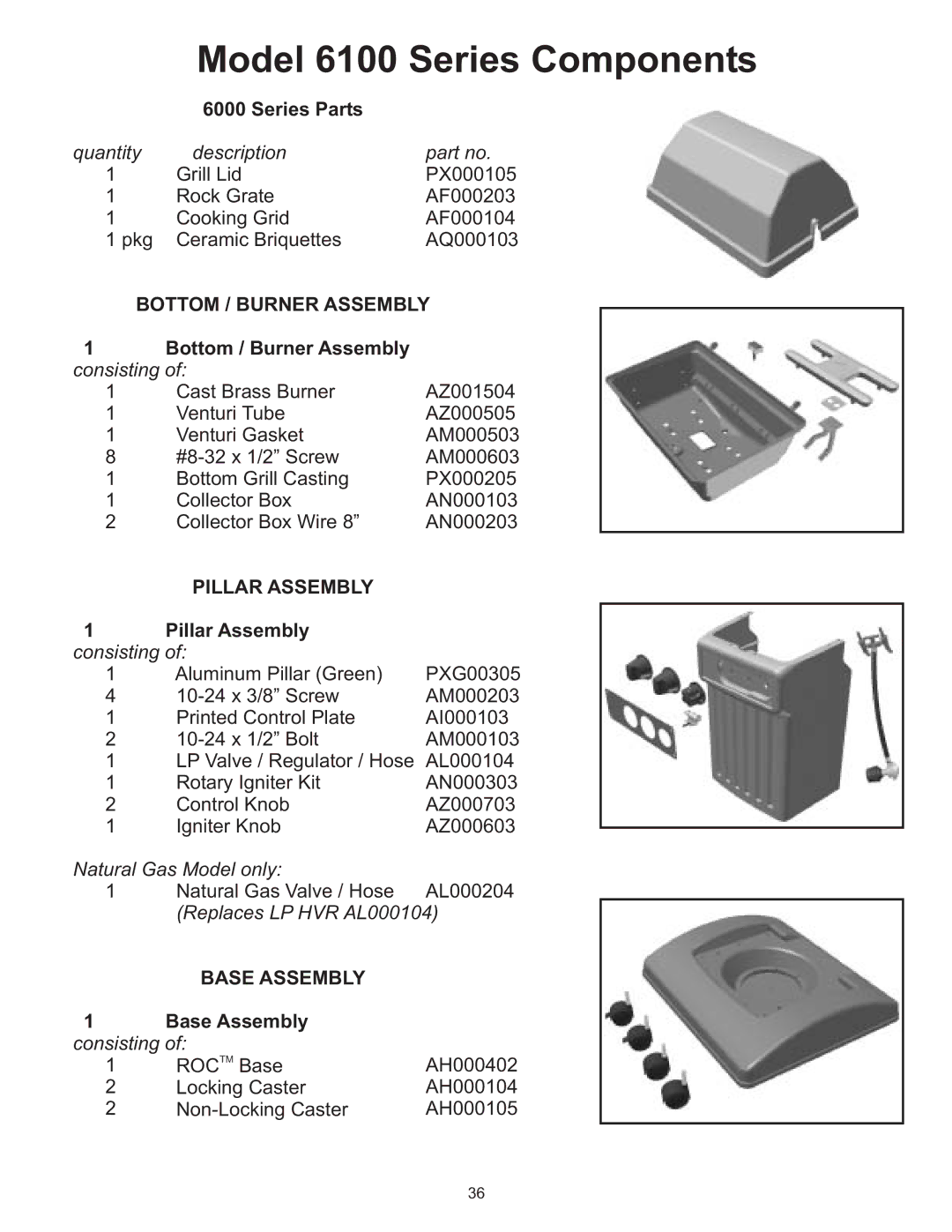 Vermont Casting owner manual Model 6100 Series Components, Bottom / Burner Assembly, Pillar Assembly, Base Assembly 