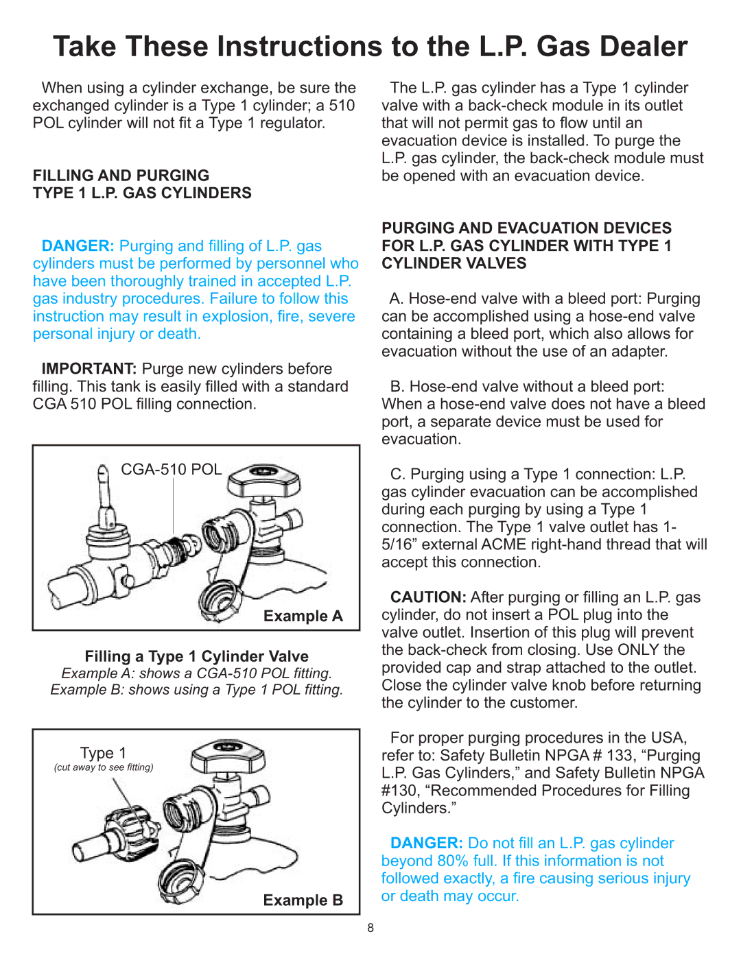 Vermont Casting 6100 Take These Instructions to the L.P. Gas Dealer, Filling and Purging Type 1 L.P. GAS Cylinders 