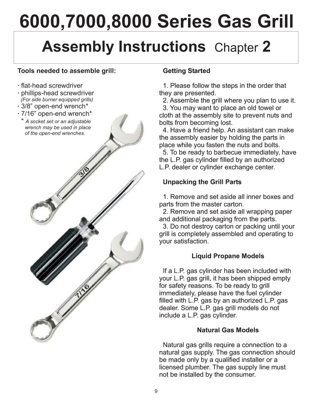 Vermont Casting 6100 Tools needed to assemble grill, Getting Started, Unpacking the Grill Parts, Liquid Propane Models 