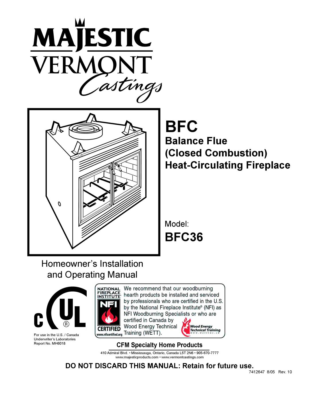 Vermont Casting 647 BFC manual Bfc 