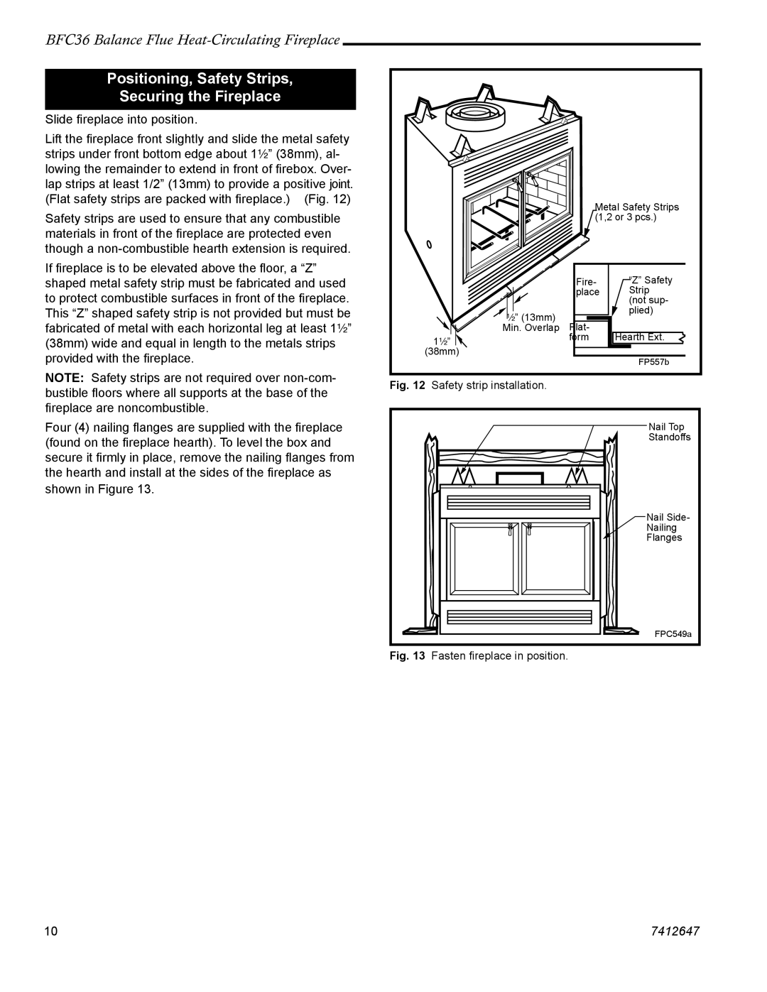 Vermont Casting 647 BFC manual Positioning, Safety Strips Securing the Fireplace, Safety strip installation 