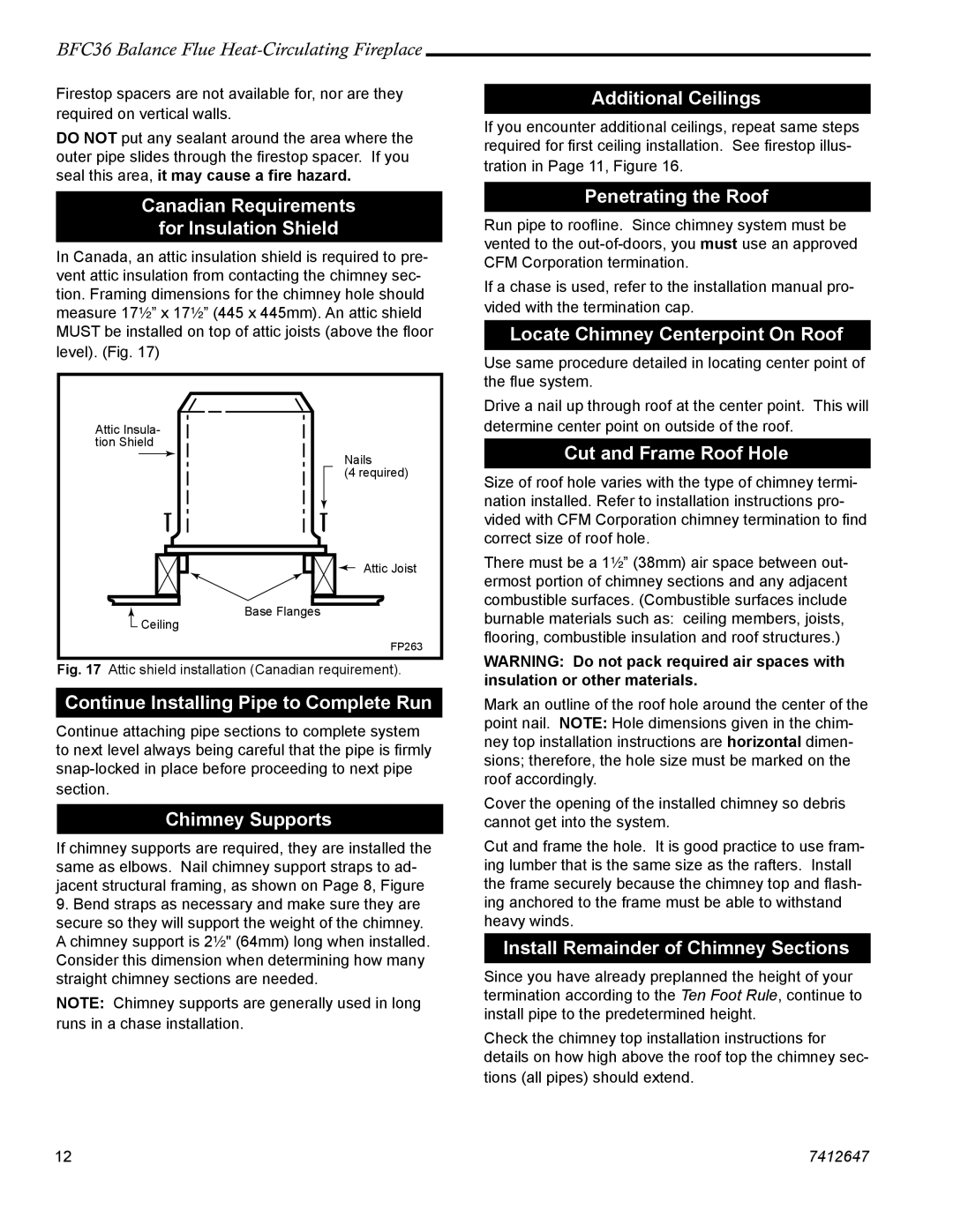 Vermont Casting 647 BFC manual Canadian Requirements For Insulation Shield, Additional Ceilings, Penetrating the Roof 