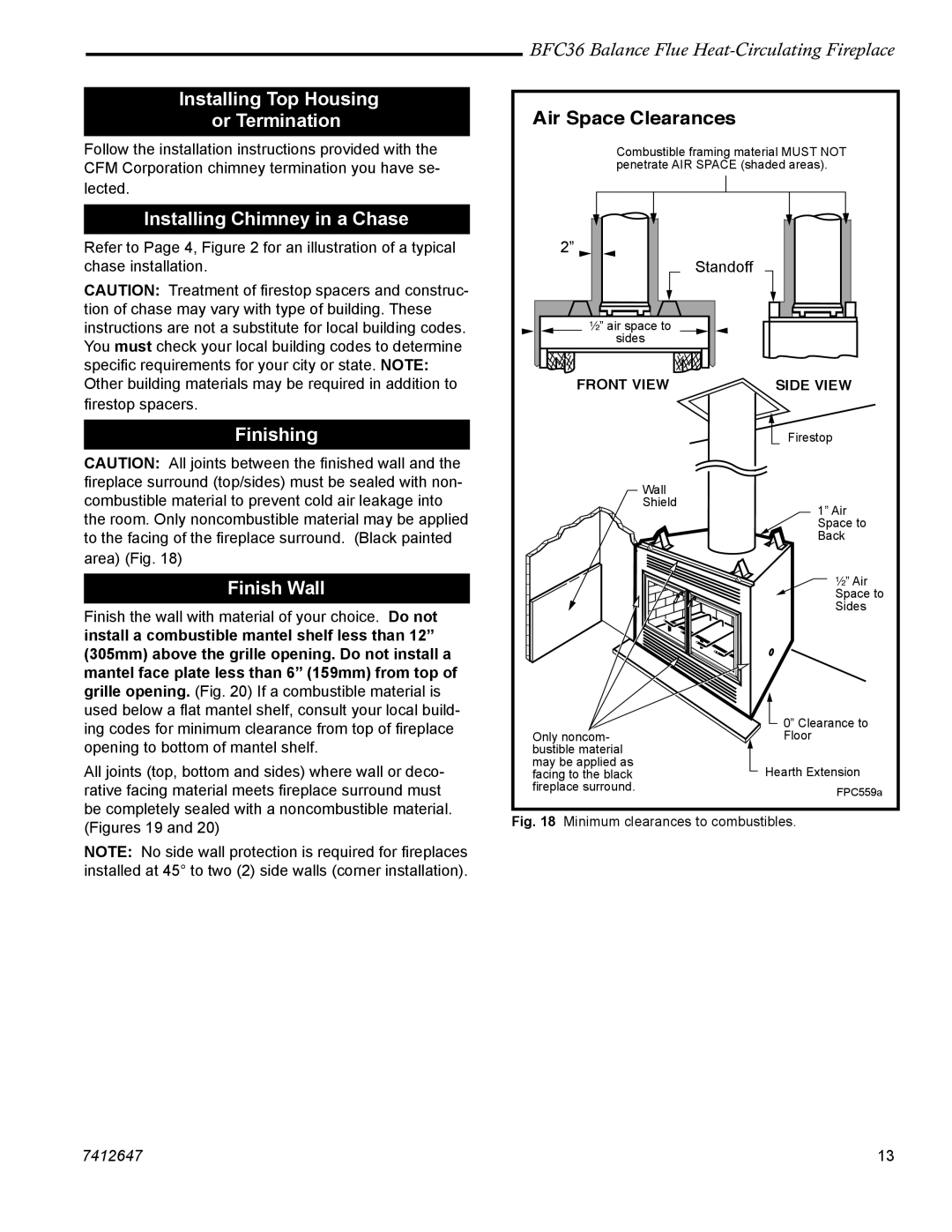 Vermont Casting 647 BFC manual Installing Top Housing or Termination, Installing Chimney in a Chase, Finishing, Finish Wall 