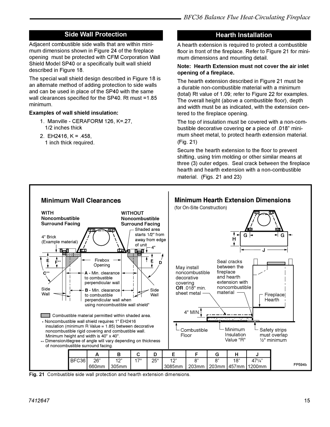 Vermont Casting 647 BFC manual Side Wall Protection, Hearth Installation 