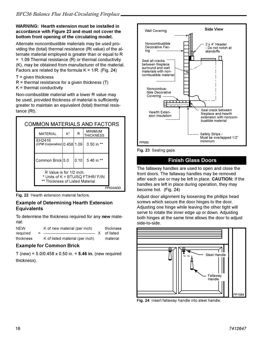 Vermont Casting 647 BFC manual Common Materials and Factors, Finish Glass Doors 