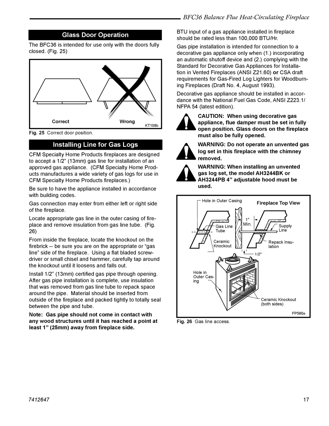 Vermont Casting 647 BFC manual Glass Door Operation, Installing Line for Gas Logs 