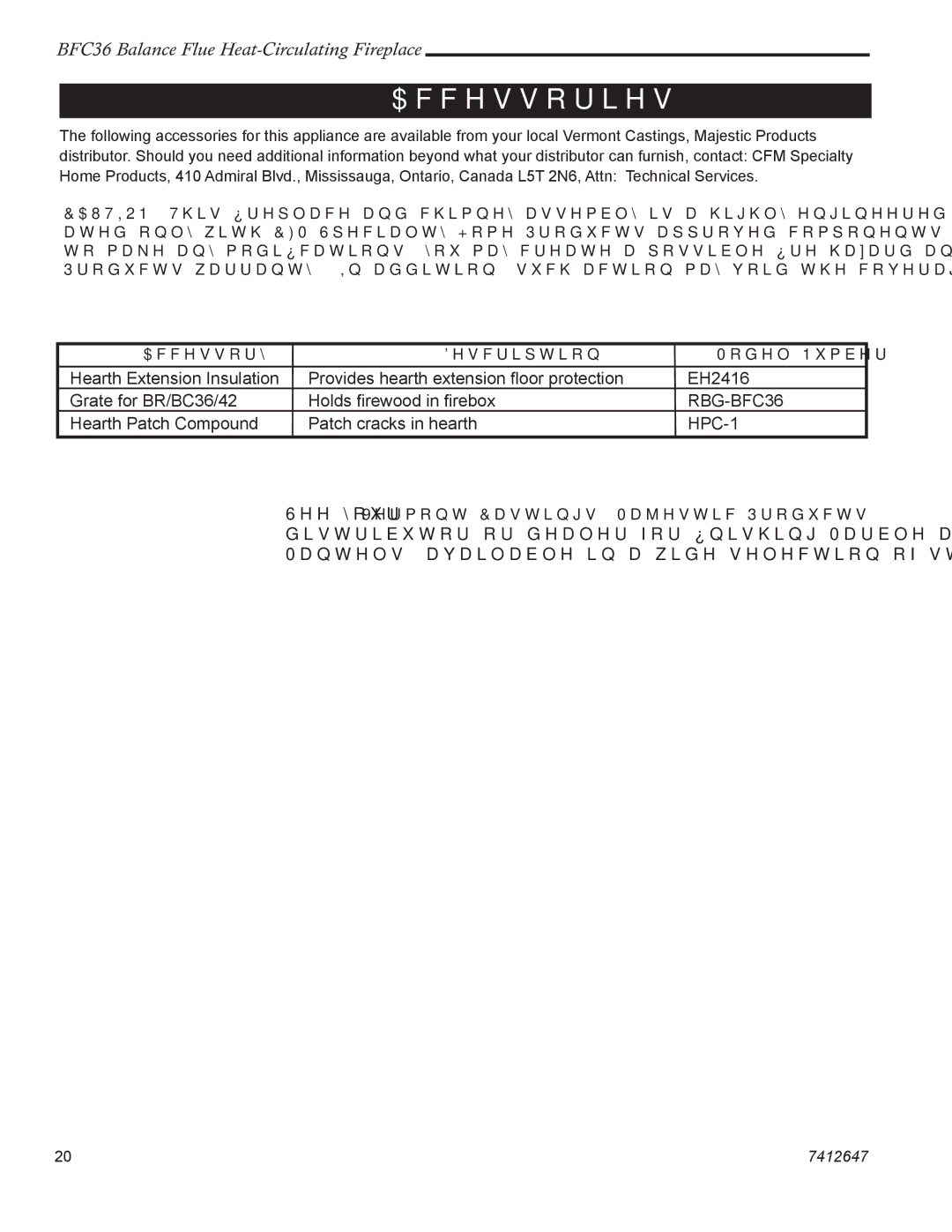 Vermont Casting 647 BFC manual Accessories, HPC-1 