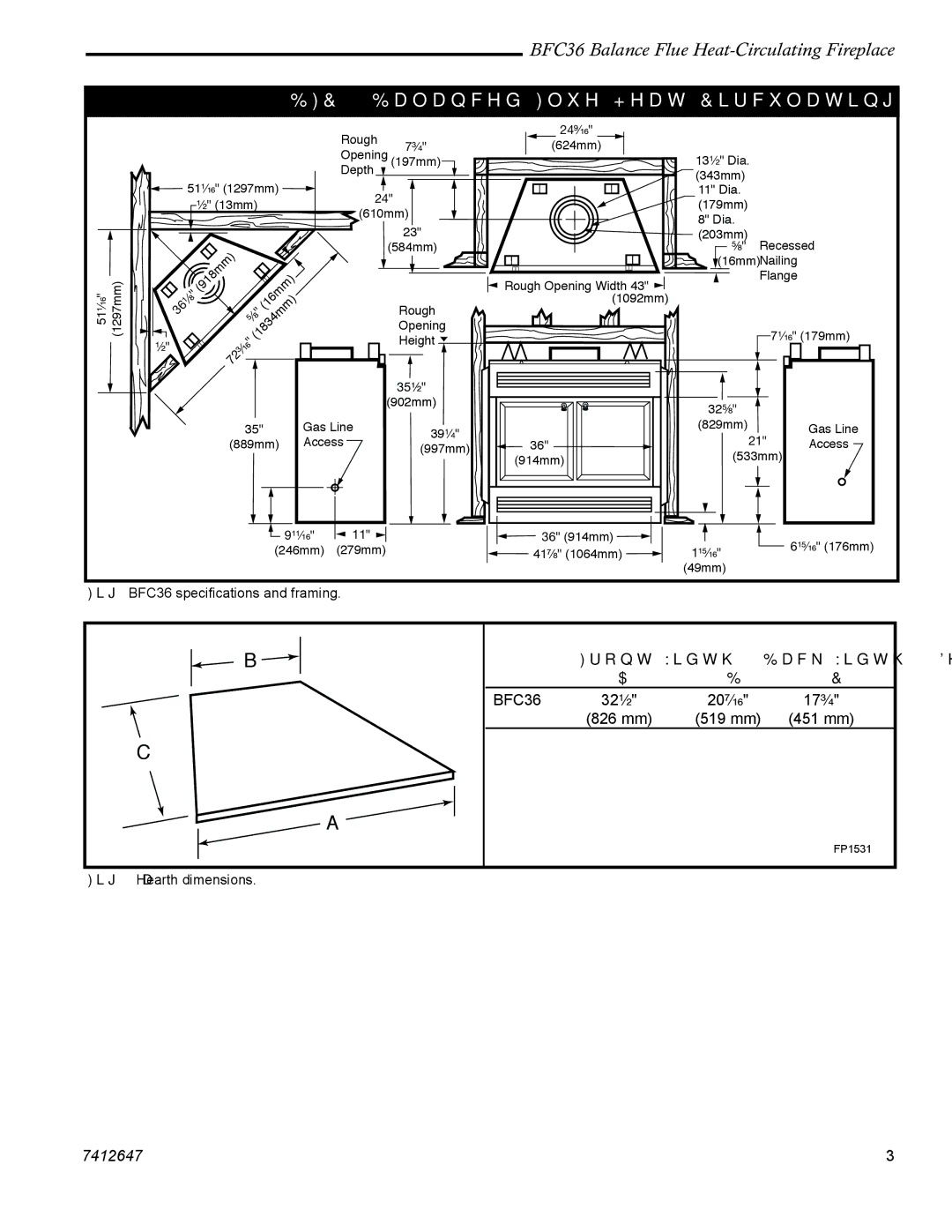 Vermont Casting 647 BFC manual BFC36 Balanced Flue Heat-Circulating Fireplace, BFC36 speciﬁcations and framing 