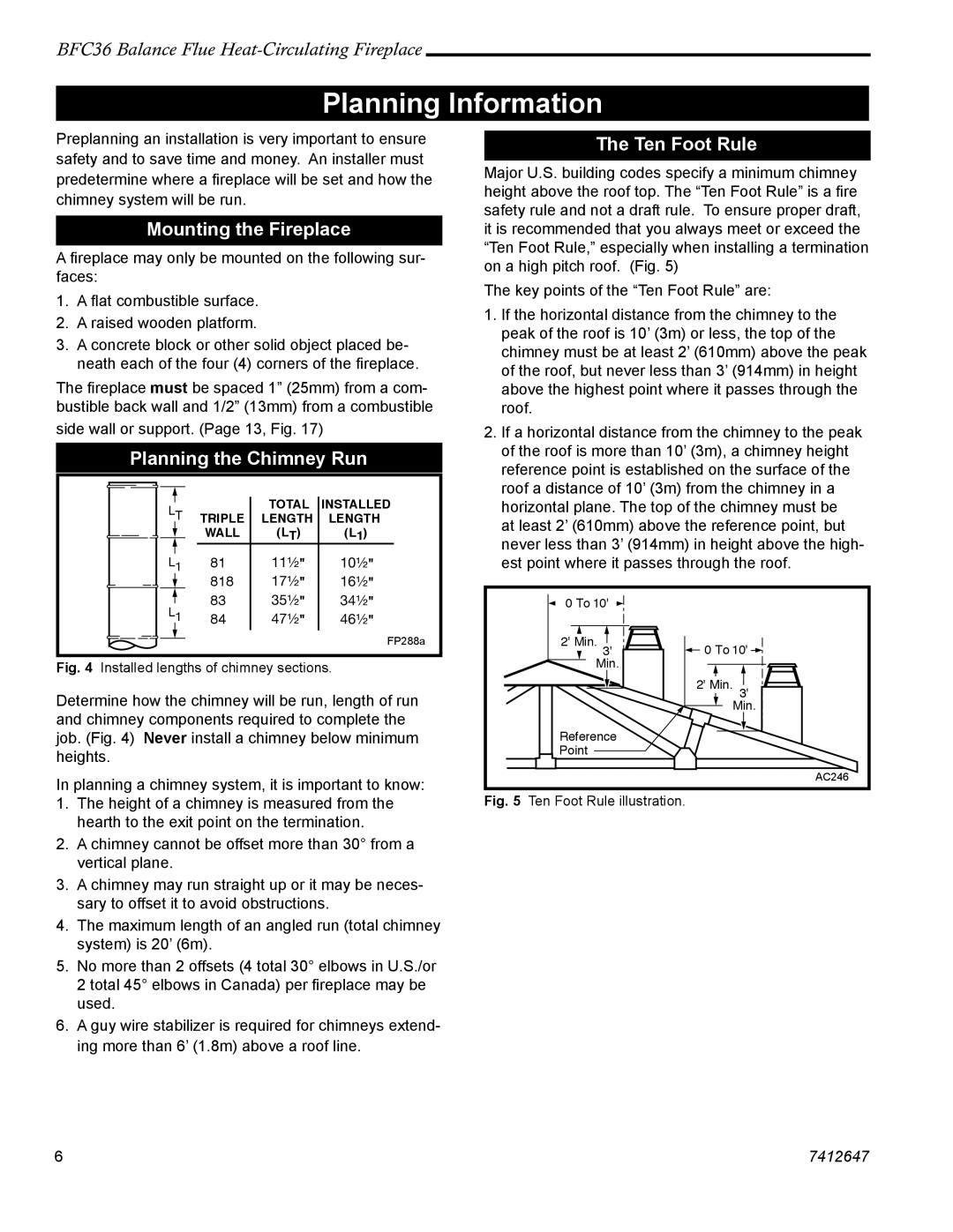 Vermont Casting 647 BFC manual Planning Information, Mounting the Fireplace, Planning the Chimney Run, Ten Foot Rule 