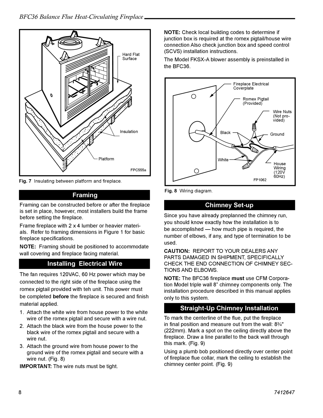 Vermont Casting 647 BFC manual Framing, Installing Electrical Wire, Chimney Set-up, Straight-Up Chimney Installation 