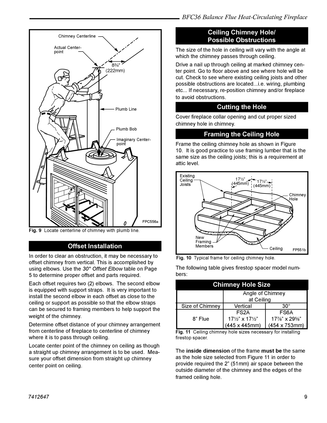 Vermont Casting 647 BFC manual Offset Installation, Ceiling Chimney Hole Possible Obstructions, Cutting the Hole 