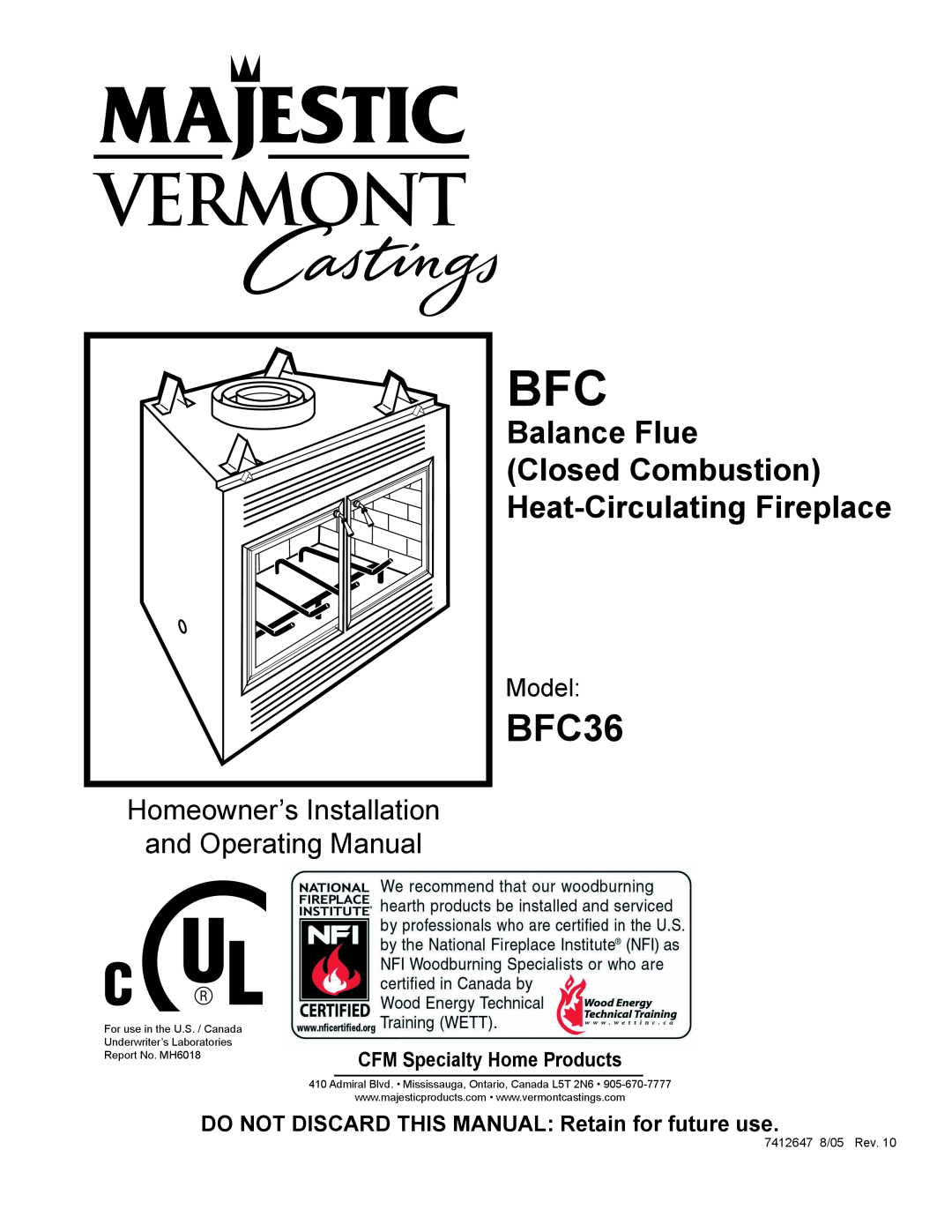 Vermont Casting 647 BFC manual BFC36, CFM Specialty Home Products, Balance Flue Closed Combustion, Model 