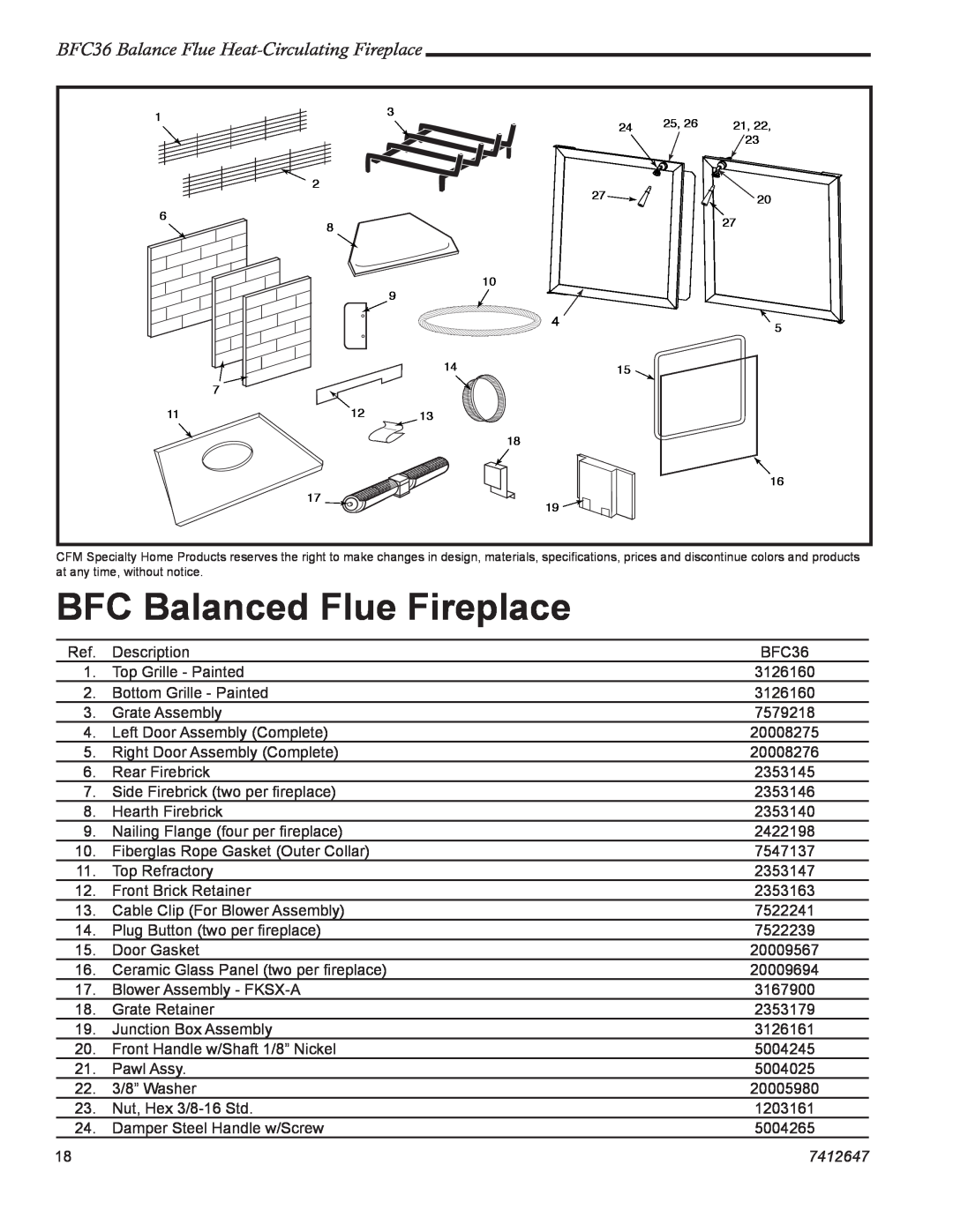 Vermont Casting 647 BFC manual BFC Balanced Flue Fireplace, BFC36 Balance Flue Heat-CirculatingFireplace, 7412647 