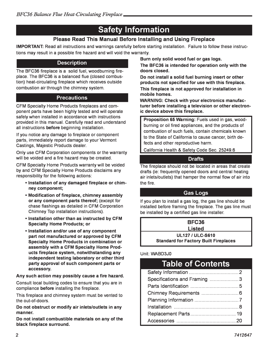 Vermont Casting 647 BFC Safety Information, Table of Contents, BFC36 Balance Flue Heat-CirculatingFireplace, Description 