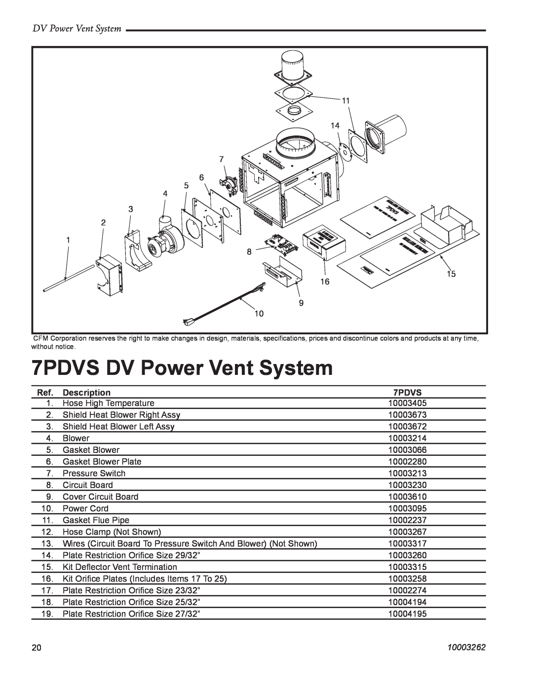 Vermont Casting manual 7PDVS DV Power Vent System, Description, 10003262 