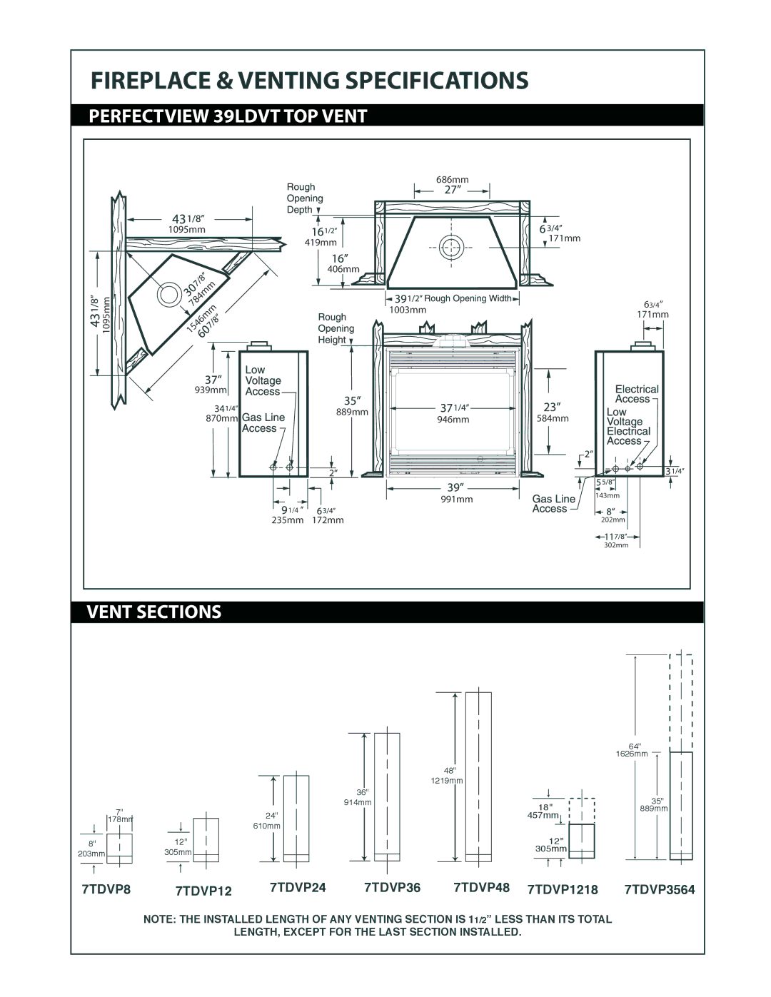 Vermont Casting 7TDVP8, 7TDVP48, 7TDVP36, 7TDVP3564, 7TDVP1218, 7TDVP24 specifications Fireplace & Venting Specifications 