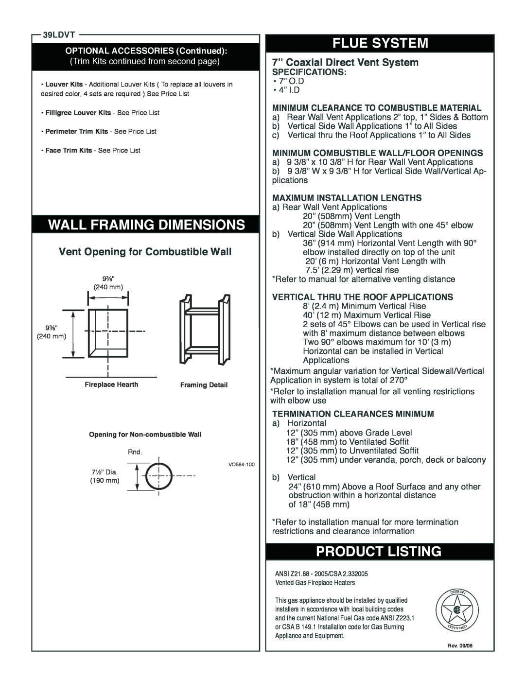 Vermont Casting 7TDVP3564 Flue System, Product Listing, 39LDVT, Specifications, Minimum Clearance To Combustible Material 