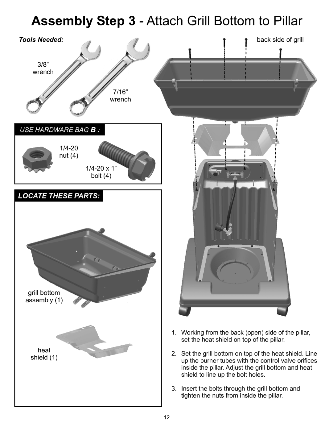 Vermont Casting 8000, 6000 Assembly Attach Grill Bottom to Pillar, Grill bottom Assembly Heat Shield Back side of grill 