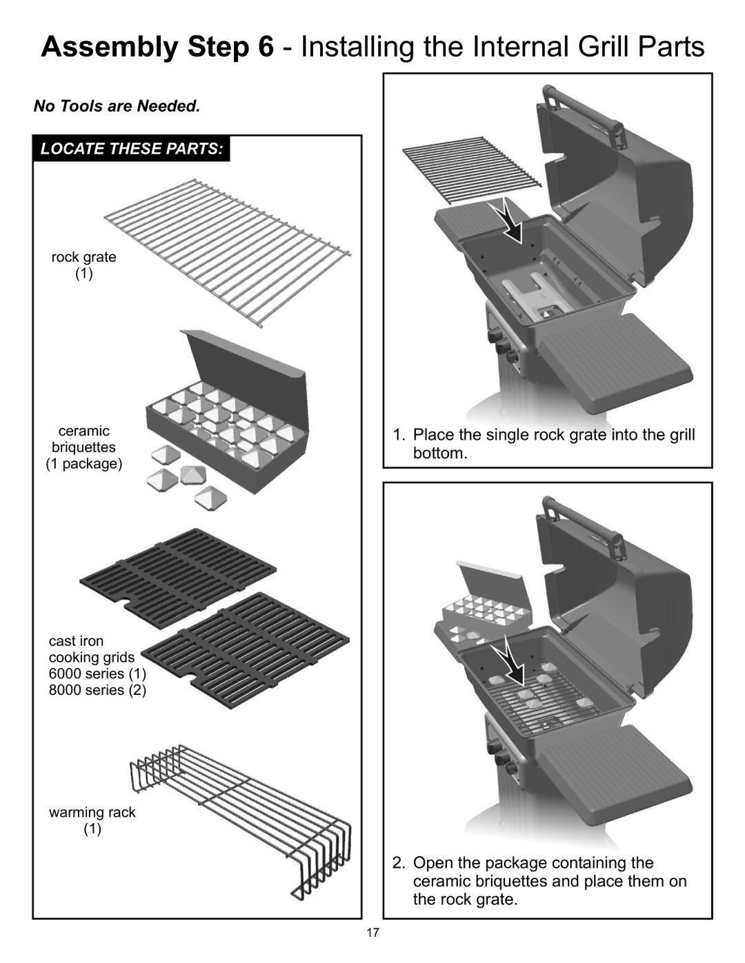 Vermont Casting 6000, 8000 owner manual Assembly Installing the Internal Grill Parts, No Tools are Needed 