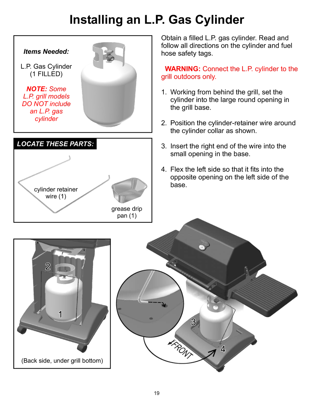 Vermont Casting 6000, 8000 owner manual Installing an L.P. Gas Cylinder 