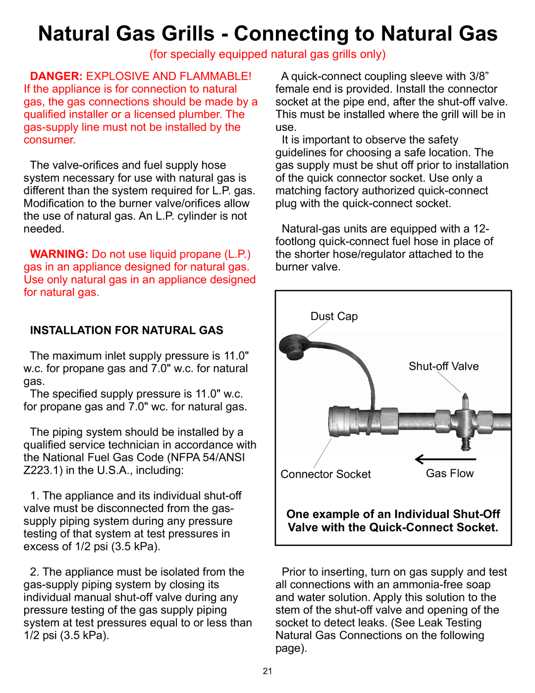 Vermont Casting 6000, 8000 Natural Gas Grills Connecting to Natural Gas, For specially equipped natural gas grills only 