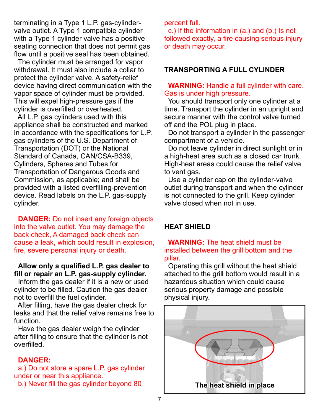 Vermont Casting 6000, 8000 owner manual Transporting a Full Cylinder 