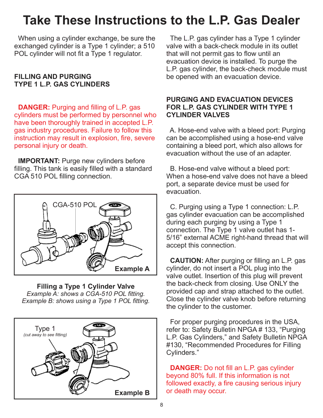 Vermont Casting 8000, 6000 Take These Instructions to the L.P. Gas Dealer, Filling and Purging Type 1 L.P. GAS Cylinders 